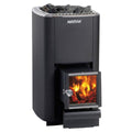 Front view of the Harvia M3 SL 16.5kW Wood-Burning Sauna Stove with Exterior Feed, fire burning