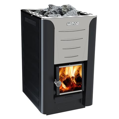 Harvia Pro 20 24kW Wood-Burning Sauna Stove package with black chimney and sauna stones, alternate view