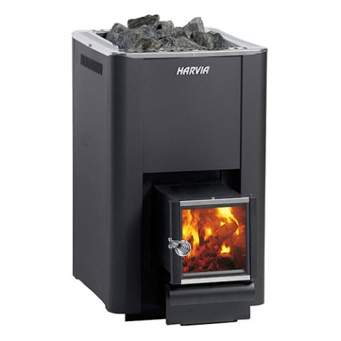 Front view of the Harvia Pro 20 SL 24kW Wood-Burning Sauna Stove with Exterior Feed, fire burning