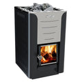 Front view of the Harvia Pro 26 26kW Wood-Burning Sauna Stove with fire burning and sauna stones