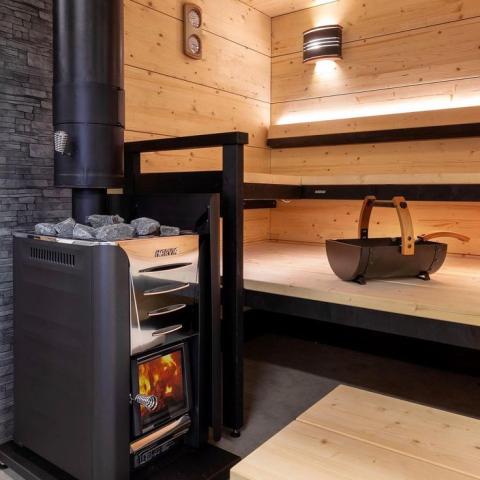 Harvia Pro 26 26kW Wood-Burning Sauna Stove package with stainless steel chimney and sauna stones, alternate view