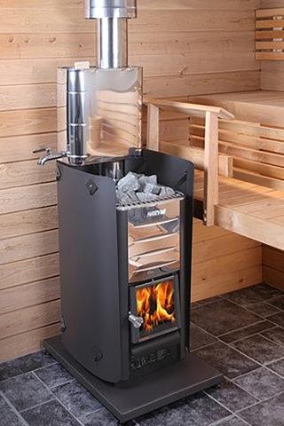 Harvia Pro 26 26kW Wood-Burning Sauna Stove installed in a sauna with wooden benches