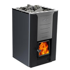 Front view of the Harvia Pro 36 31kW Wood-Burning Sauna Stove with fire burning and sauna stones