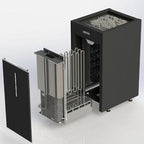 Cutaway view of the Harvia Virta Combi HL110SA 10.5kW electric sauna heater and steamer showing the steamer and heating elements