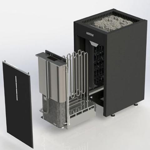Cutaway view of the Harvia Virta Combi HL90SA 9kW Sauna Heater and Steamer showing the steamer and heating elements