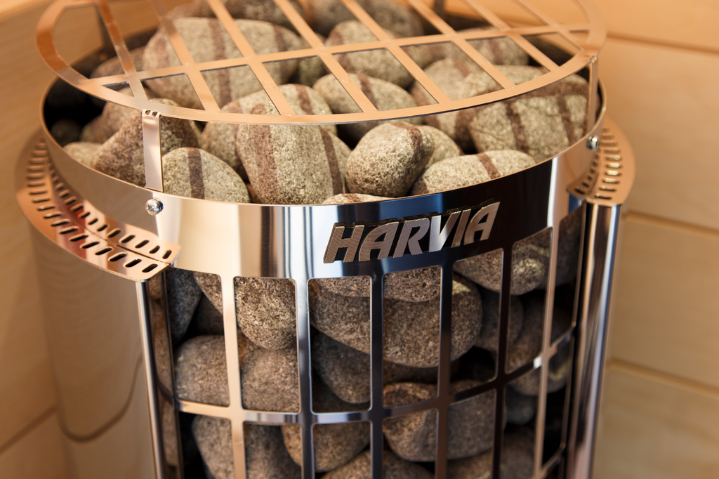 Close-up of the stone-filled cage on the Harvia Cilindro PC80E 8kW electric sauna heater