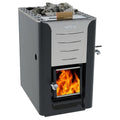 Harvia Pro 20 24kW wood burning sauna stove with water tank and fire burning