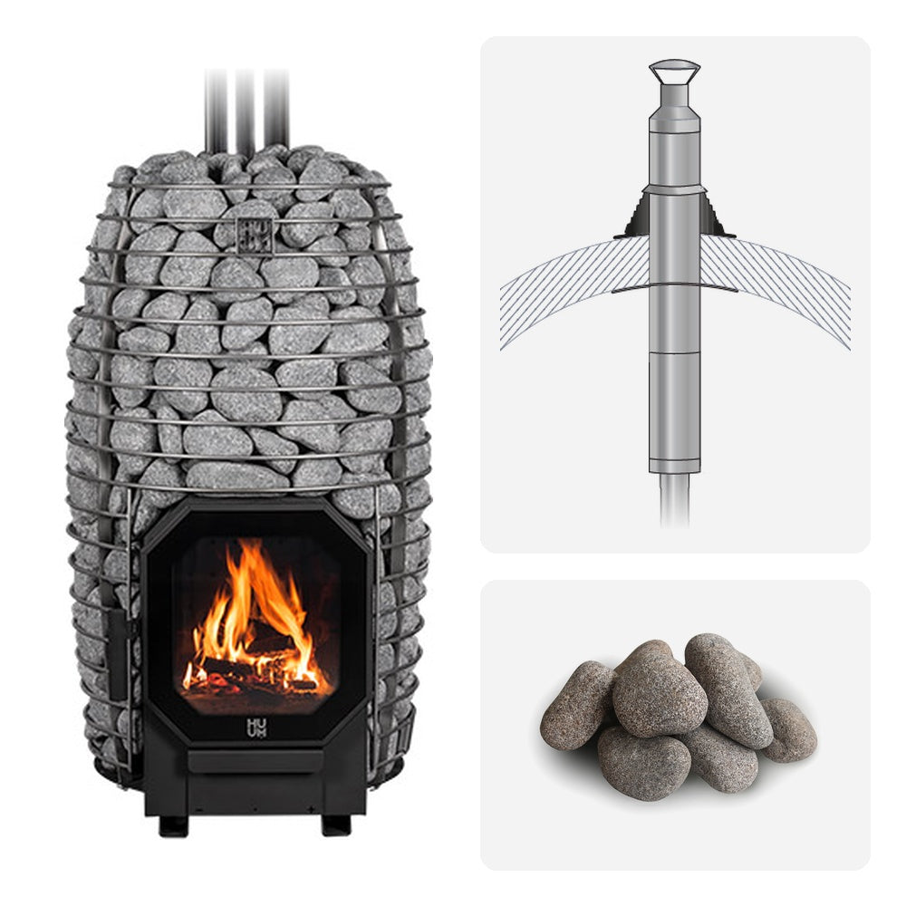 Huum Hive Flow 9.8kW wood-burning sauna stove package with barrel sauna chimney kit and sauna stones