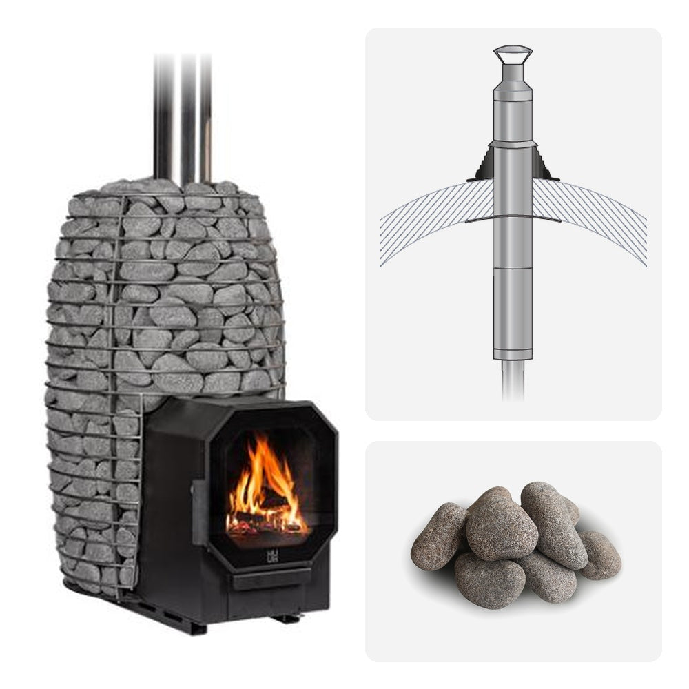 Huum Hive Flow LS 9.8kW wood-burning sauna stove package with barrel sauna chimney kit and sauna stones