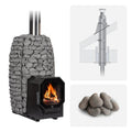 Huum Hive Flow LS 9.8kW wood-burning sauna stove package with thru-ceiling chimney kit and sauna stones