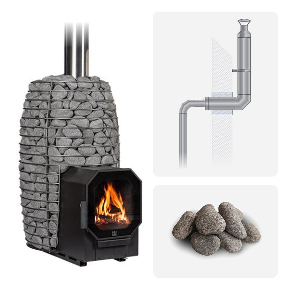 Huum Hive Flow LS 9.8kW wood-burning sauna stove package with thru-wall chimney kit and sauna stones