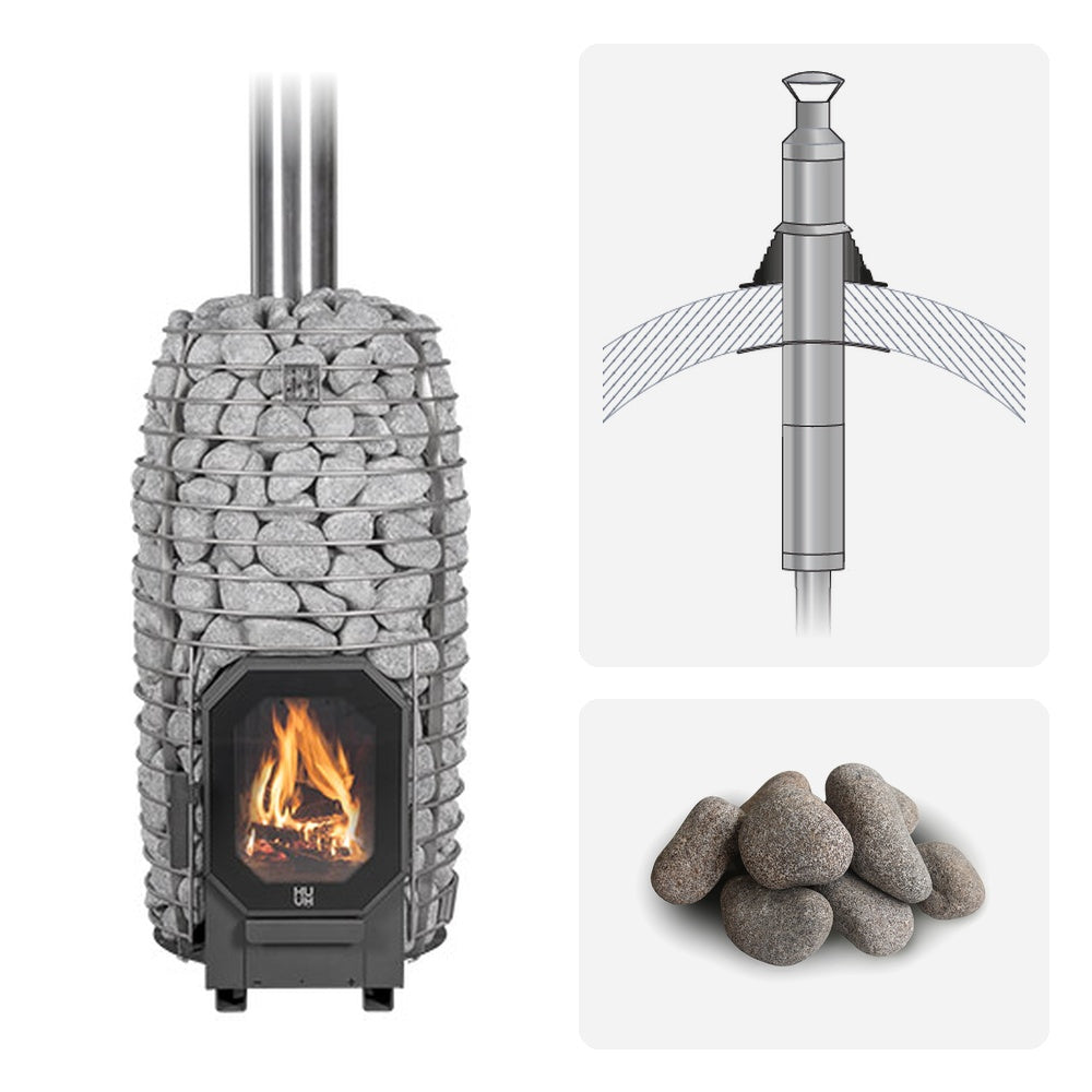 Huum Hive Flow Mini 8.5kW wood-burning sauna stove package with barrel sauna chimney kit and sauna stones