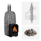 Huum Hive Flow Mini LS 8.5kW wood-burning sauna stove package with thru-ceiling chimney kit and sauna stones