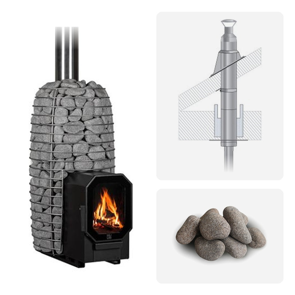 Huum Hive Flow Mini LS 8.5kW wood-burning sauna stove package with thru-ceiling chimney kit and sauna stones