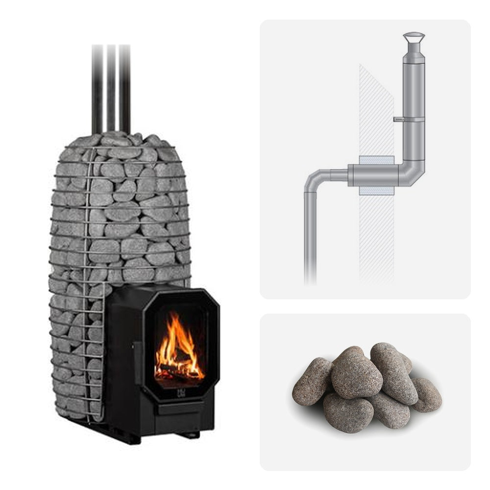 Huum Hive Flow Mini LS 8.5kW wood-burning sauna stove package with thru-wall chimney kit and sauna stones