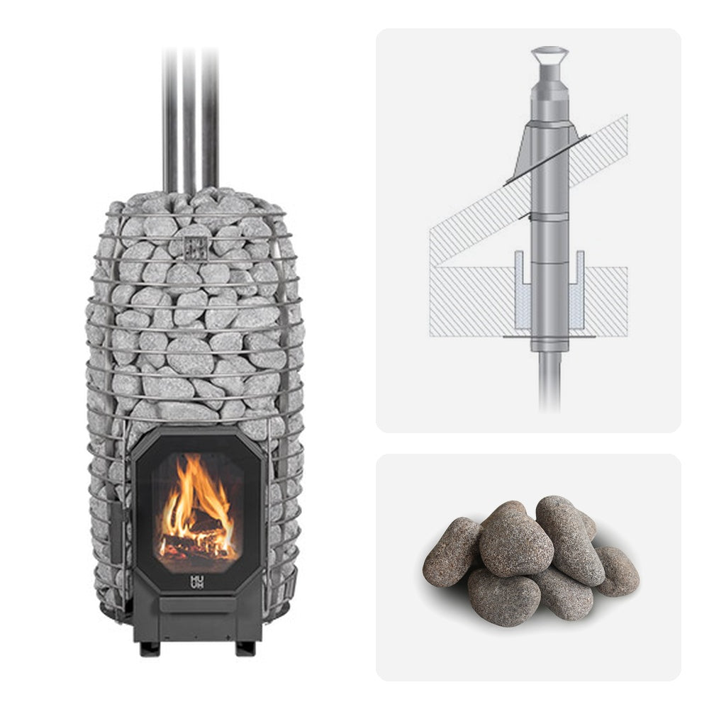 Huum Hive Flow Mini 8.5kW wood-burning sauna stove package with thru-ceiling chimney kit and sauna stones