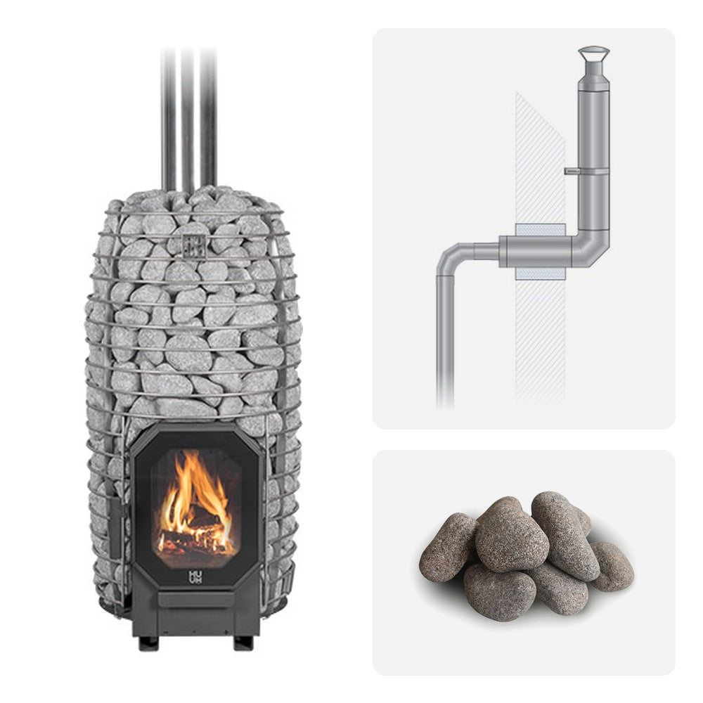 Huum Hive Flow Mini 8.5kW wood-burning sauna stove package with thru-wall chimney kit and sauna stones