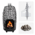 Huum Hive Flow 9.8kW wood-burning sauna stove package with thru-ceiling chimney kit and sauna stones