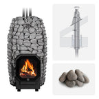 Huum Hive Flow 9.8kW wood-burning sauna stove package with thru-ceiling chimney kit and sauna stones