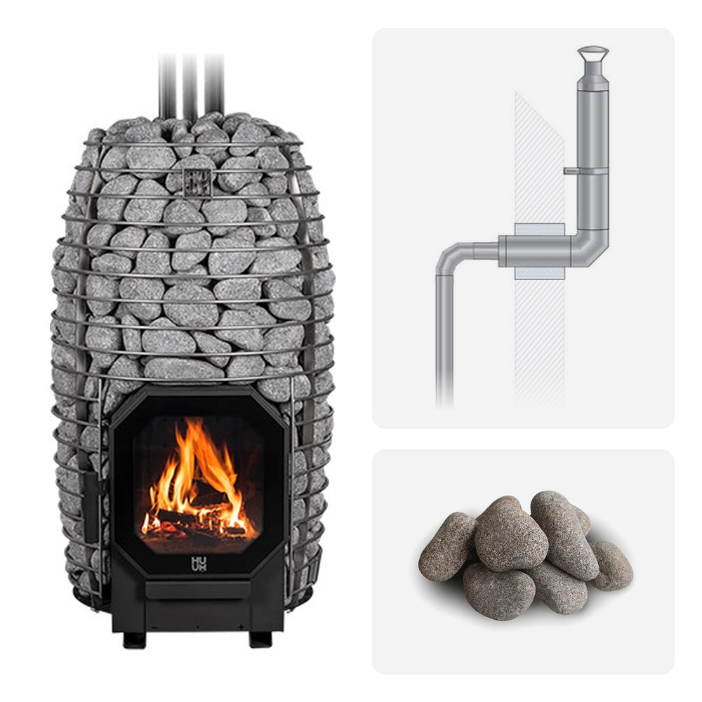 Huum Hive Flow 9.8kW wood-burning sauna stove package with thru-wall chimney kit and sauna stones