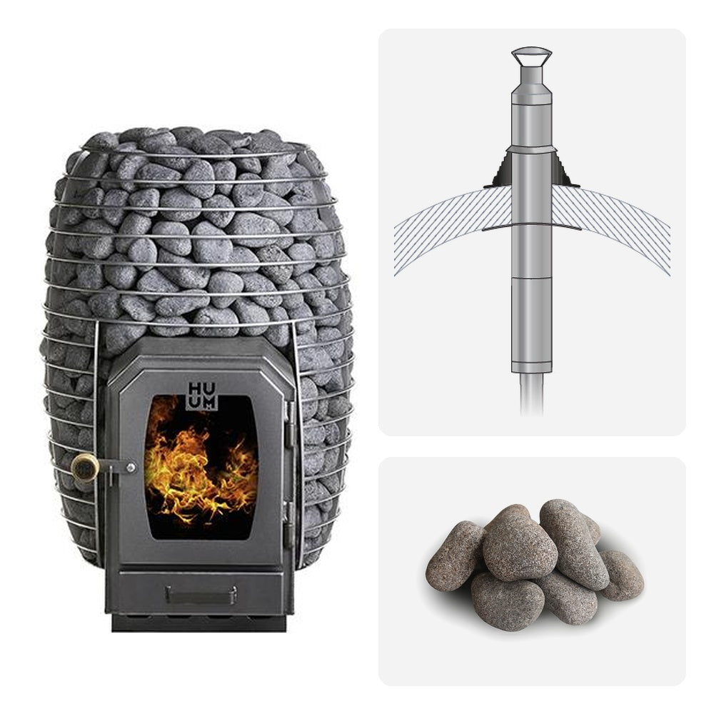 Huum Hive Wood 13kW wood-burning sauna stove package with barrel sauna chimney kit and sauna stones
