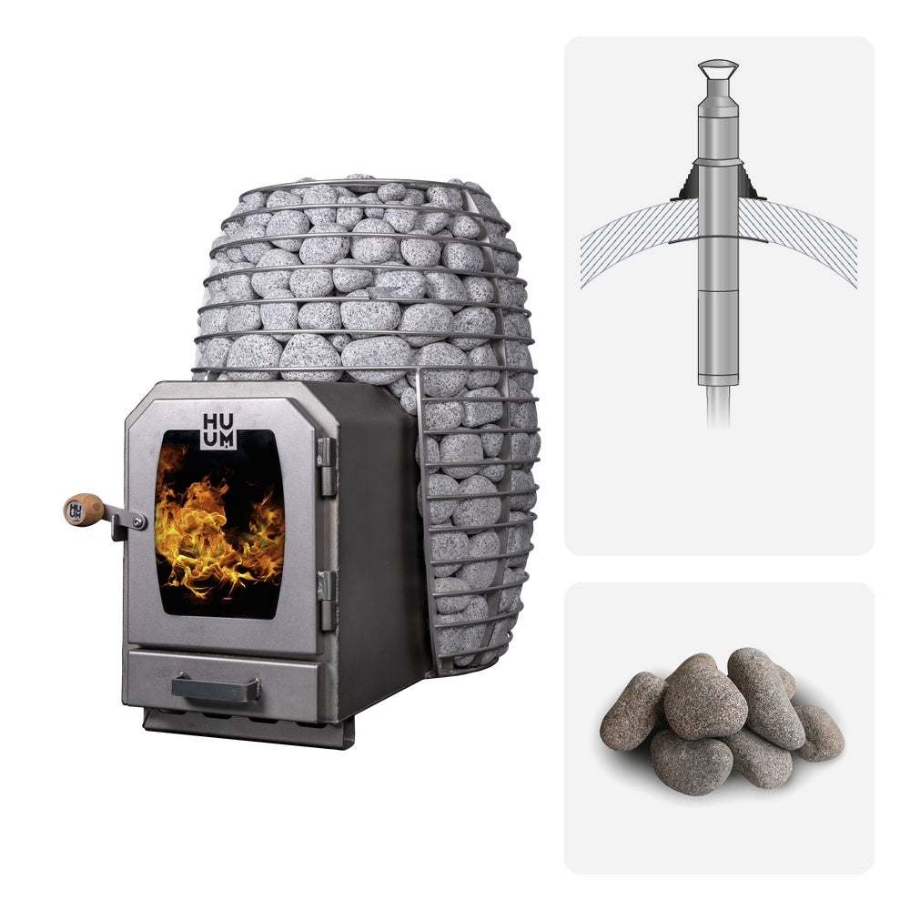 Huum Hive Wood LS 17kW wood-burning sauna stove package with barrel sauna chimney kit and sauna stones
