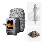 Huum Hive Wood LS 17kW wood-burning sauna stove package with thru-ceiling chimney kit and sauna stones