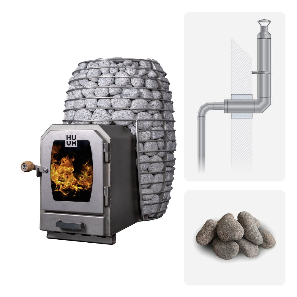 Huum Hive Wood LS 17kW wood-burning sauna stove package with thru-wall chimney kit and sauna stones