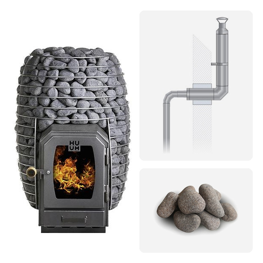 Huum Hive Wood 17kW wood-burning sauna stove package with thru-wall chimney kit and sauna stones