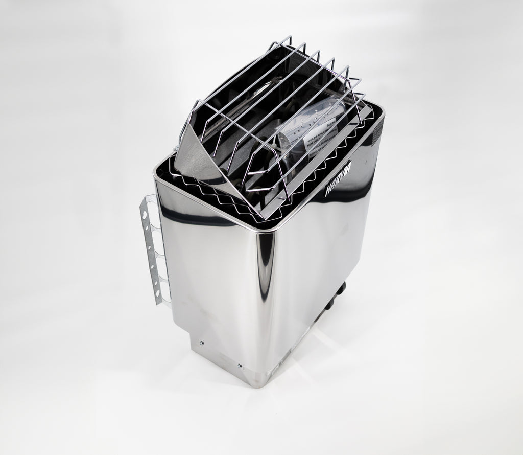 Angled view of the Harvia KIP 8kW Sauna Heater with stone rack