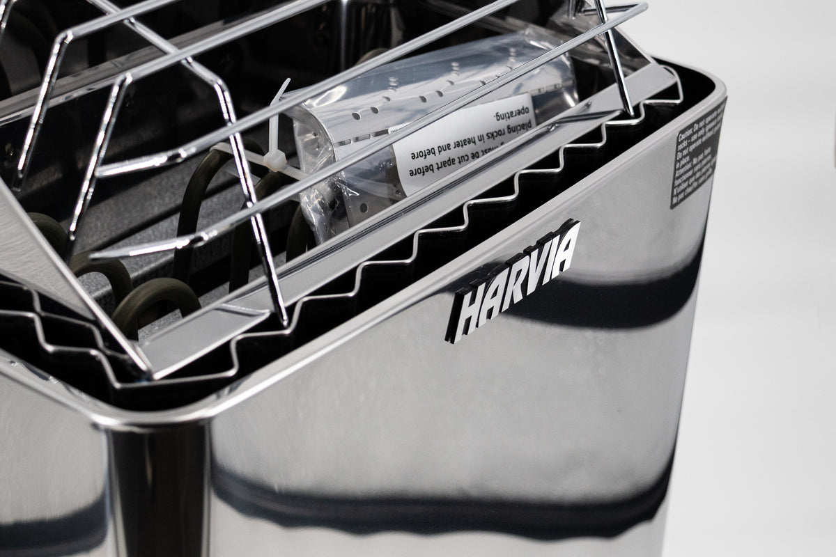 Close-up of the Harvia logo on the Harvia KIP 4.5kW Sauna Heater