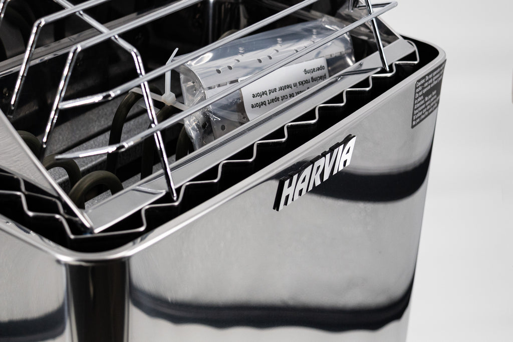 Close-up of the Harvia logo on the Harvia KIP 6kW Sauna Heater
