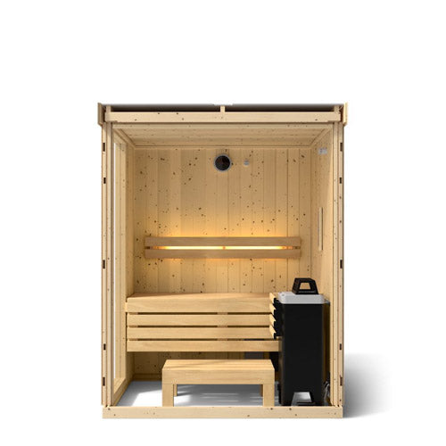 Front cutaway of the Kohler C1 Series 2-person indoor sauna showing two-tier benches and heater
