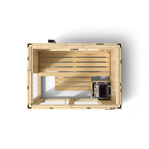 Top-down cutaway of the Kohler C1 Series 2-person indoor sauna showing the bench and heater