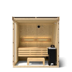 Front cutaway of the Kohler C1 Series 3-person indoor sauna showing two-tier benches, footrest and heater