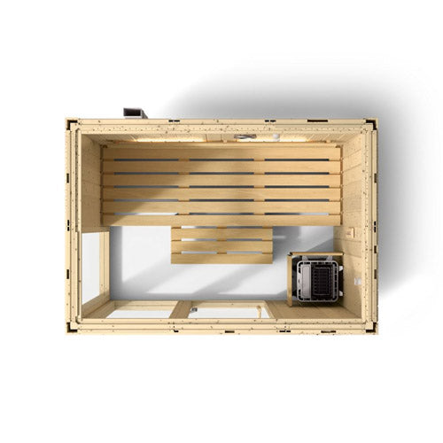 Top-down cutaway of the Kohler C1 Series 3-person indoor sauna showing the bench and heater