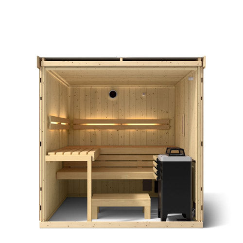 Front cutaway of the Kohler C1 Series 5-person indoor sauna showing two-tier benches and heater