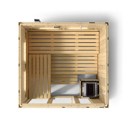 Top-down cutaway of the Kohler C1 Series 5-person indoor sauna showing the benches and heater