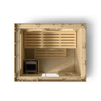 Top-down cutaway of the Kohler C2 Series 3-person outdoor sauna showing the benches and heater