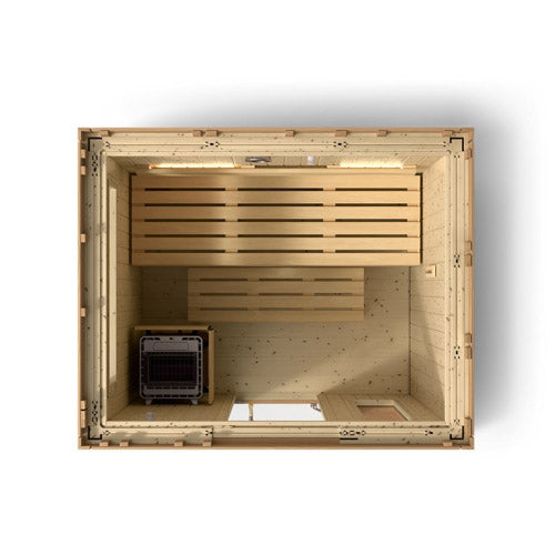 Top-down cutaway of the Kohler C2 Series 3-person outdoor sauna showing the benches and heater
