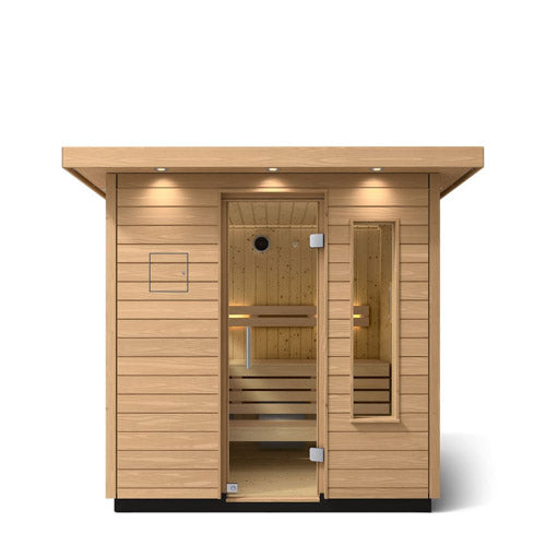 Front view of the Kohler C2 Series 3-person outdoor sauna with glass door, side window and exterior lights