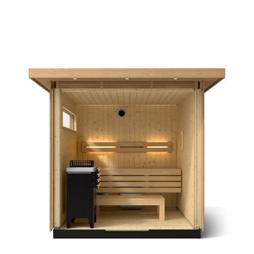Front cutaway of the Kohler C2 Series 3-person outdoor sauna showing two-tier benches, heater and window