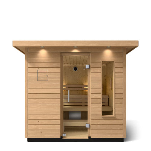 Front view of the Kohler C2 Series 5-person outdoor sauna with glass door, side window and exterior lights