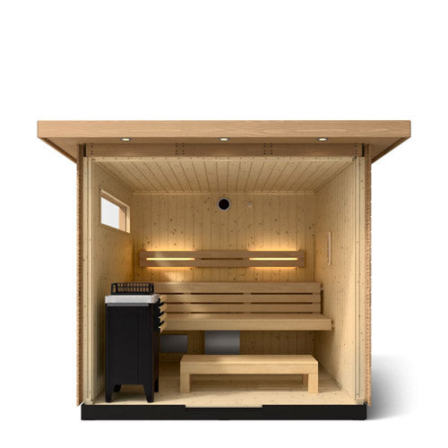 Front cutaway of the Kohler C2 Series 5-person outdoor sauna showing two-tier benches, heater and window