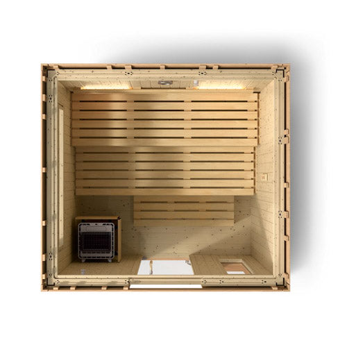Top-down cutaway of the Kohler C2 Series 5-person outdoor sauna showing the benches and heater