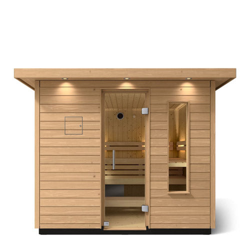 Front view of the Kohler C2 Series 6-person outdoor sauna with glass door, side window and exterior lights