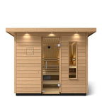 Front view of the Kohler C2 Series 6-person outdoor sauna with glass door, side window and exterior lights