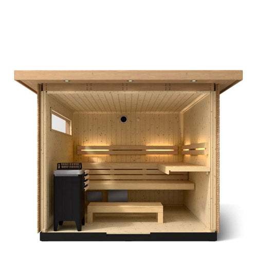 Front cutaway of the Kohler C2 Series 6-person outdoor sauna showing L-shaped benches, heater and window