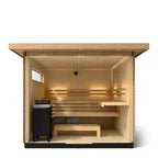 Front cutaway of the Kohler C2 Series 6-person outdoor sauna showing L-shaped benches, heater and window