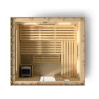 Top-down cutaway of the Kohler C2 Series 6-person outdoor sauna showing L-shaped benches and heater
